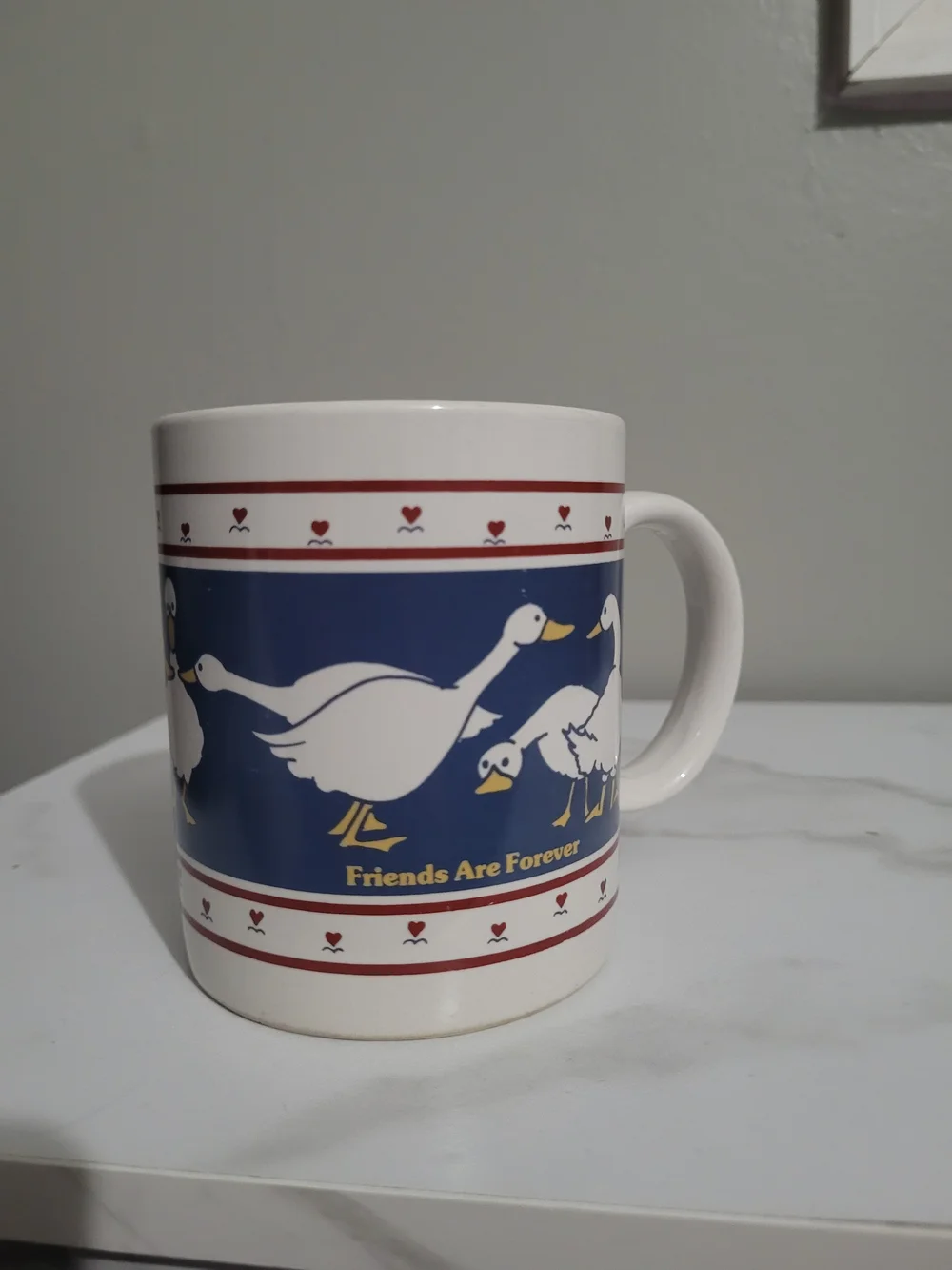 White Ceramic Mug with Duck Goose Friends Are Forever Design